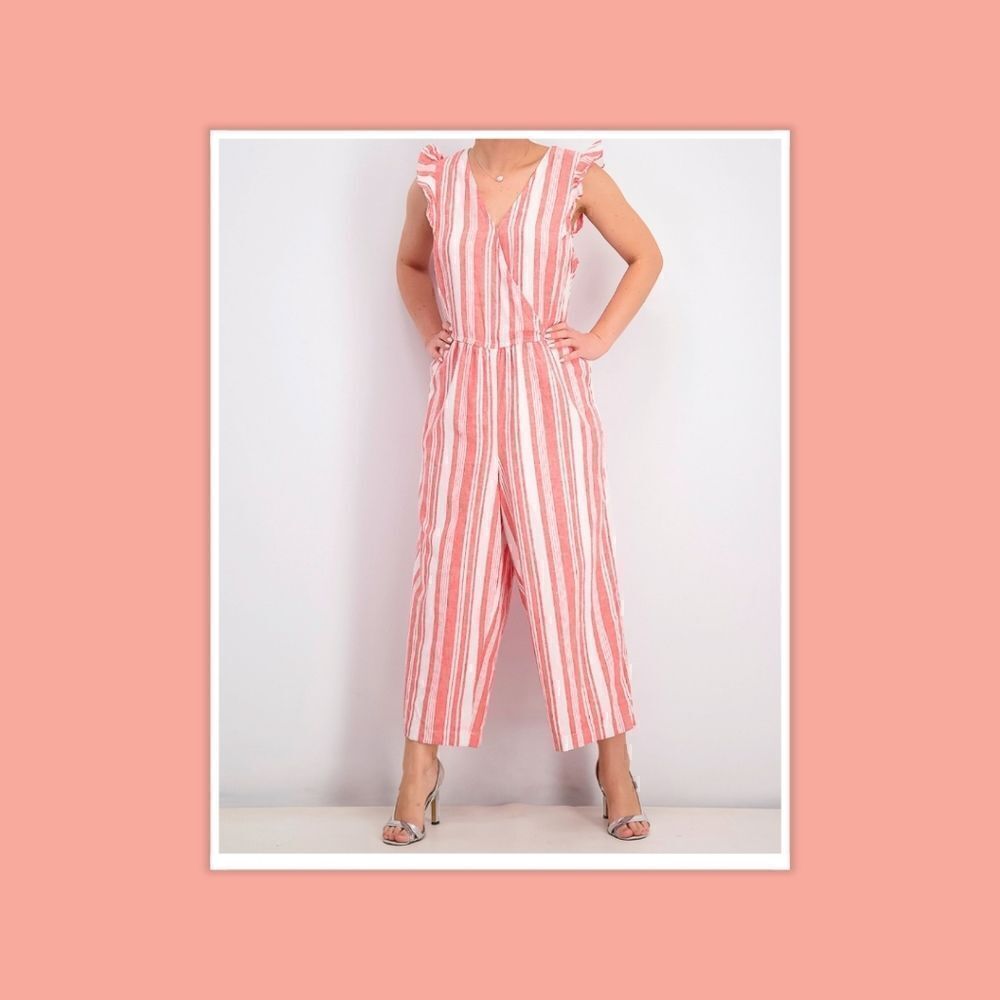 💕Old Navy Women's Linen Ruffles Sleeve Stripe Jumpsuit, Red/White Size Large